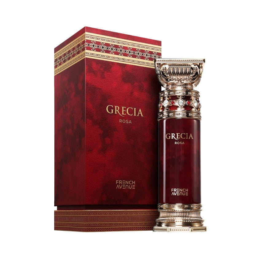 Confezione e bottiglia Grecia Rosa fragranza elegante e avvolgente Amira Essence