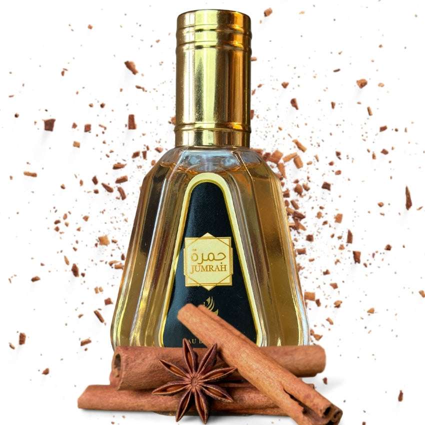 Dettaglio packaging Jumrah fragranza orientale con cannella noce moscata e pralina