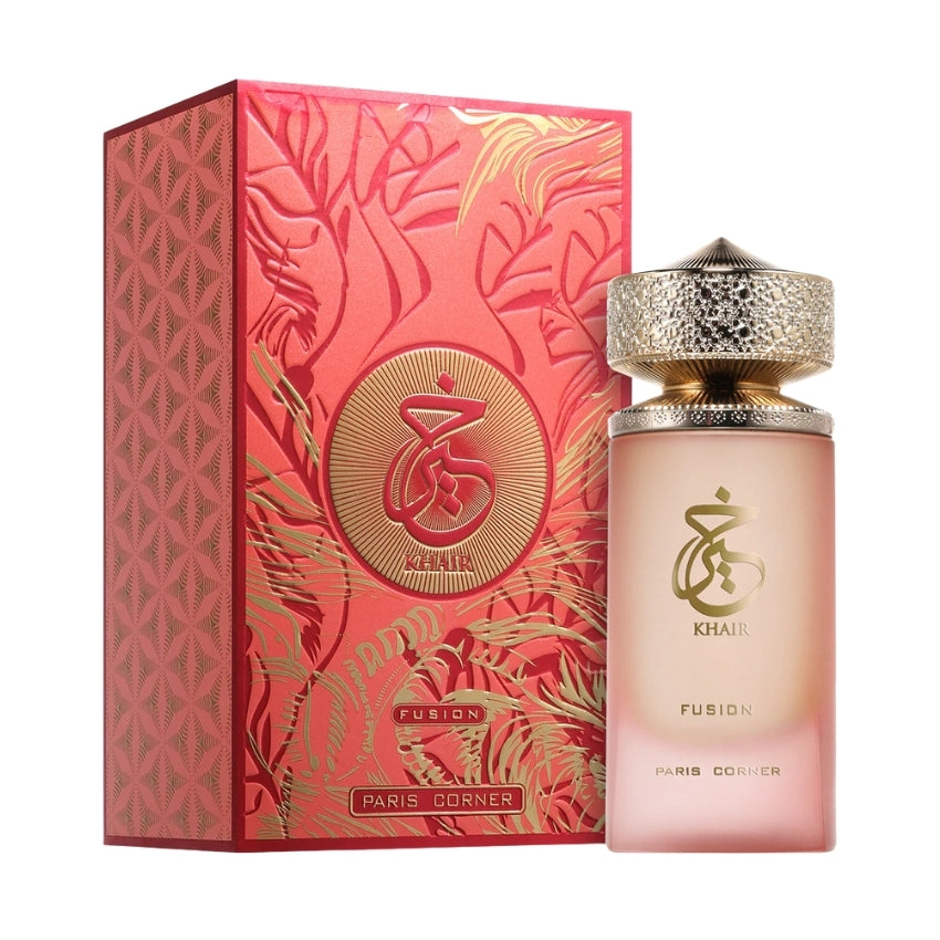 Confezione e bottiglia Khair Fusion fragranza fruttata e avvolgente Amira Essence