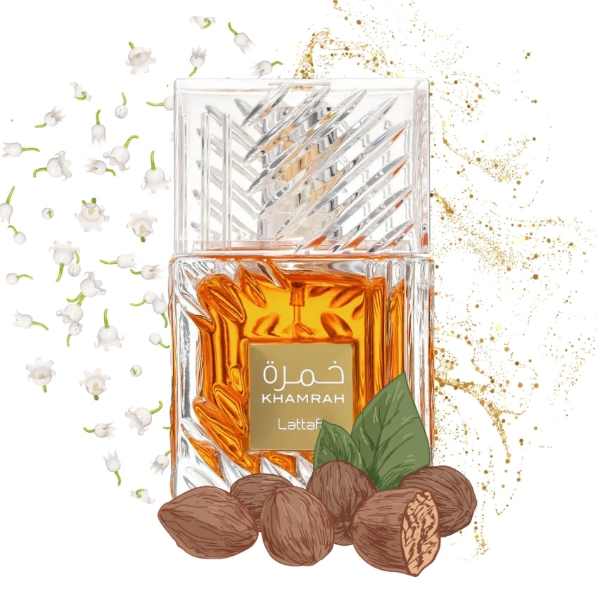Khamrah profumo unisex con note cannella noce moscata datteri pralina Amira Essence