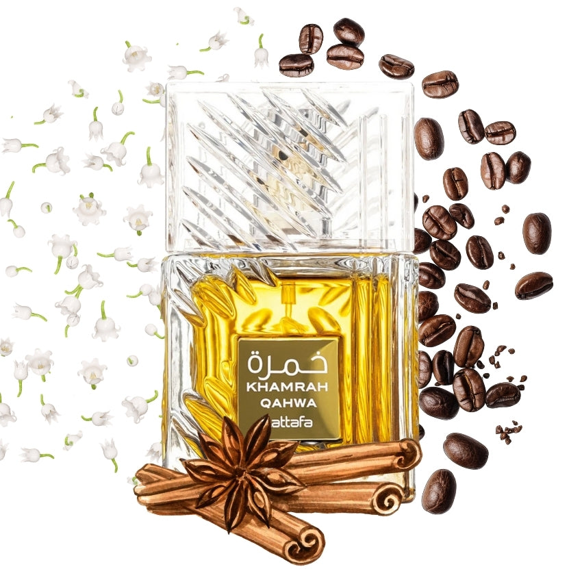 Khamrah Qahwa profumo unisex con note cannella cardamomo pralina caffè Amira Essence