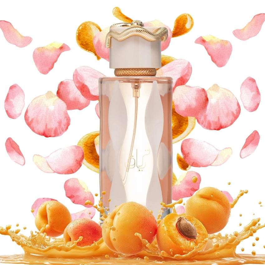 Profumo Teriaq Lattafa con sfondo di petali e frutta colorata