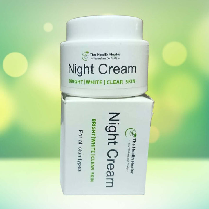 Ingredients of The Health Healer Night Cream, including shea butter, vitamin E, and almond oil.