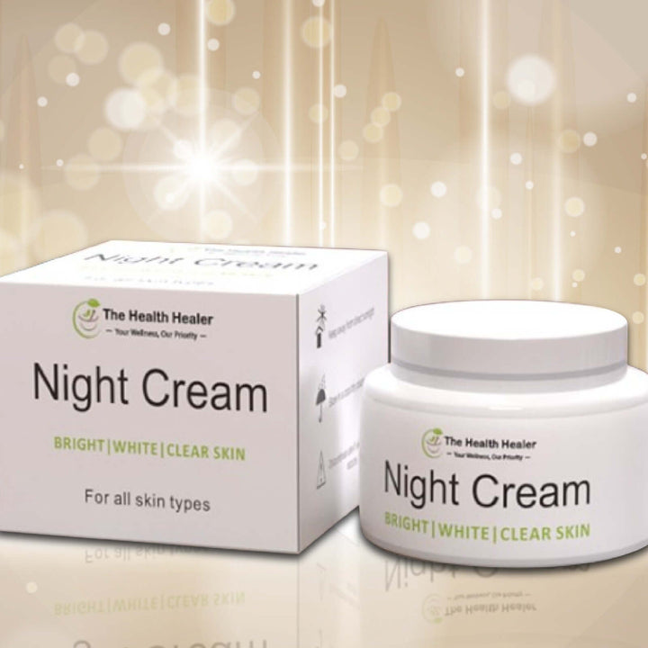 The Health Healer Night Cream jar with a sleek design, labeled for bright, white, and clear skin.